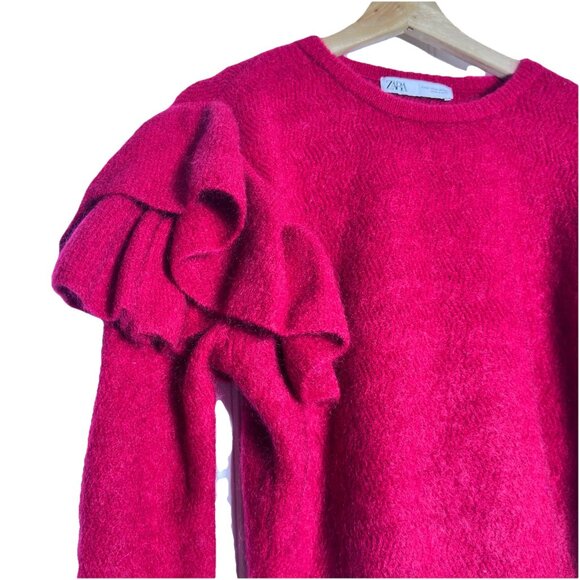 Zara Knit Jumper Size M Mohair Wool Mix Ruffle Cropped Crew Neck Red Burgundy - Picture 3 of 6